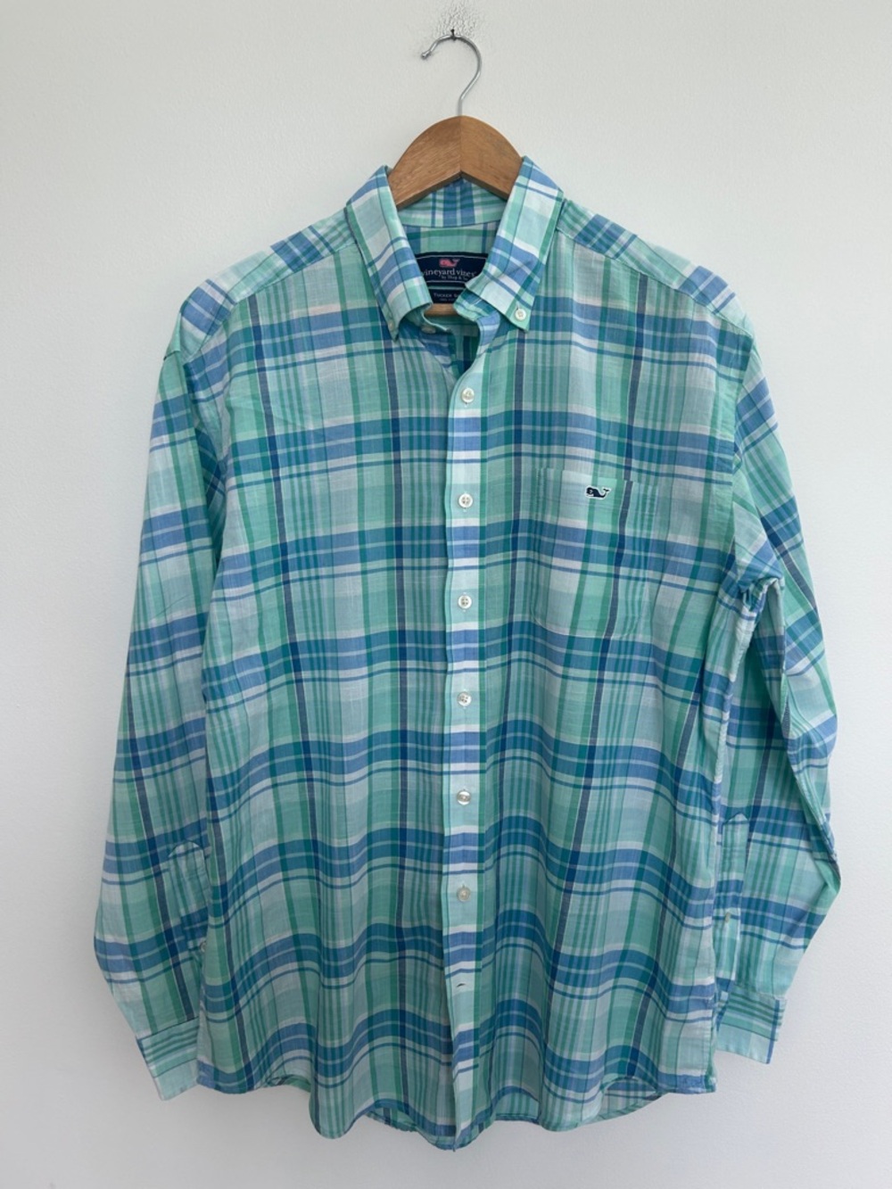 Vineyard Vines Green & Blue Plaid Lightweight Cotton Tucker Shirt Size Large EUC